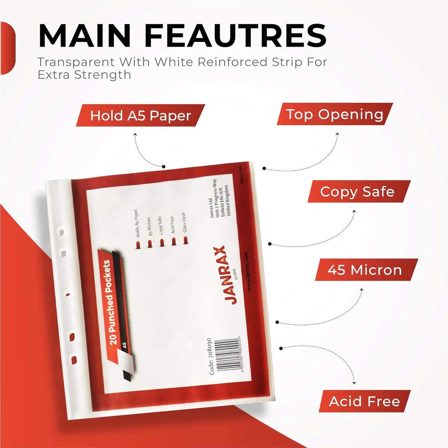 Pack of 20/100 A5 Glass Clear Punched Pockets