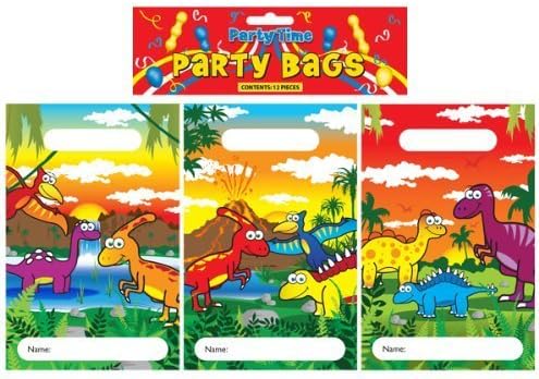 12 Dinosaur Party Bags 15x22cm (3 Assorted Designs)
