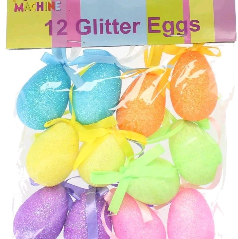 1 Pack of 12 Glitter Eggs Egg Easter Hamper Bonnets Decoration Assorted Colours
