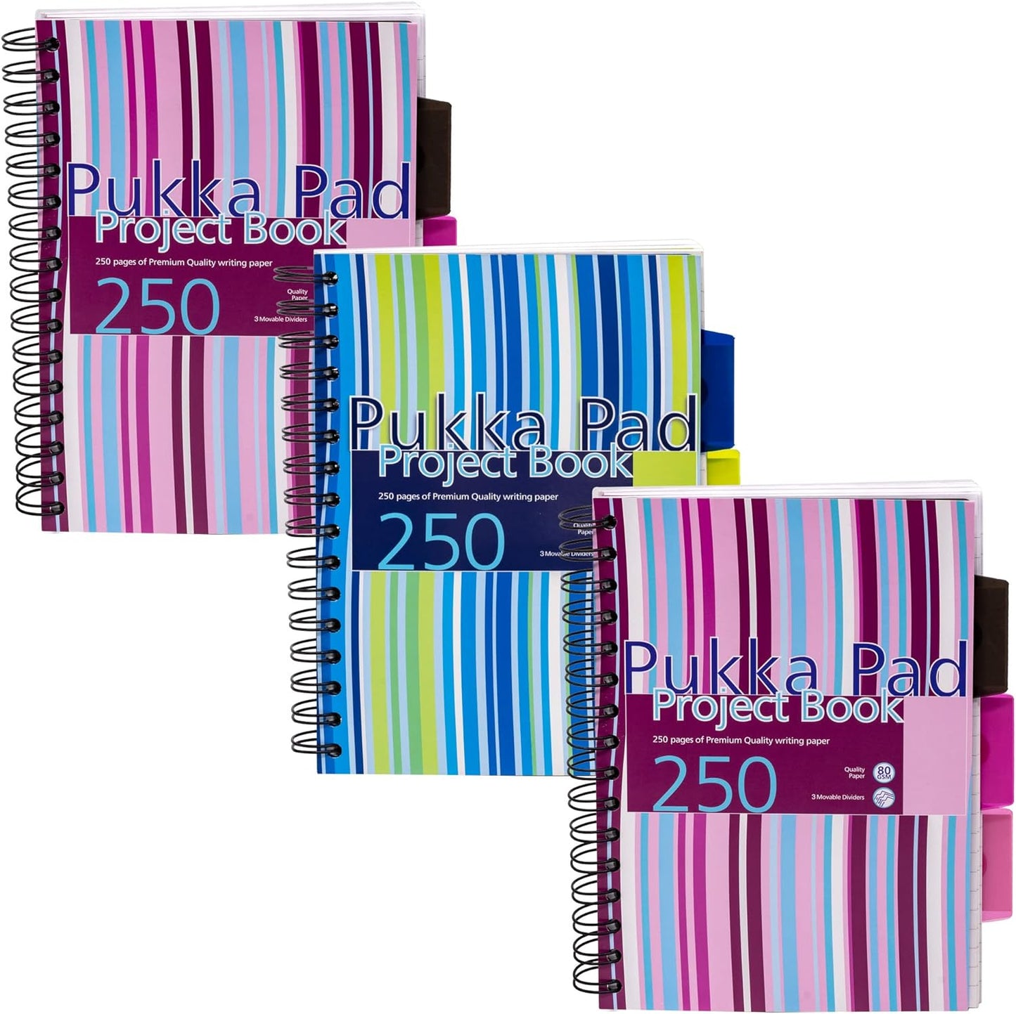 A5 Striped Project Notebook 3-Pack - 21 x 14.9cm - Wirebound Notebook with 8mm Feint Ruled Lines on 80GSM Paper – Includes 3 Repositionable Dividers with Storage Pockets - 250 Pages