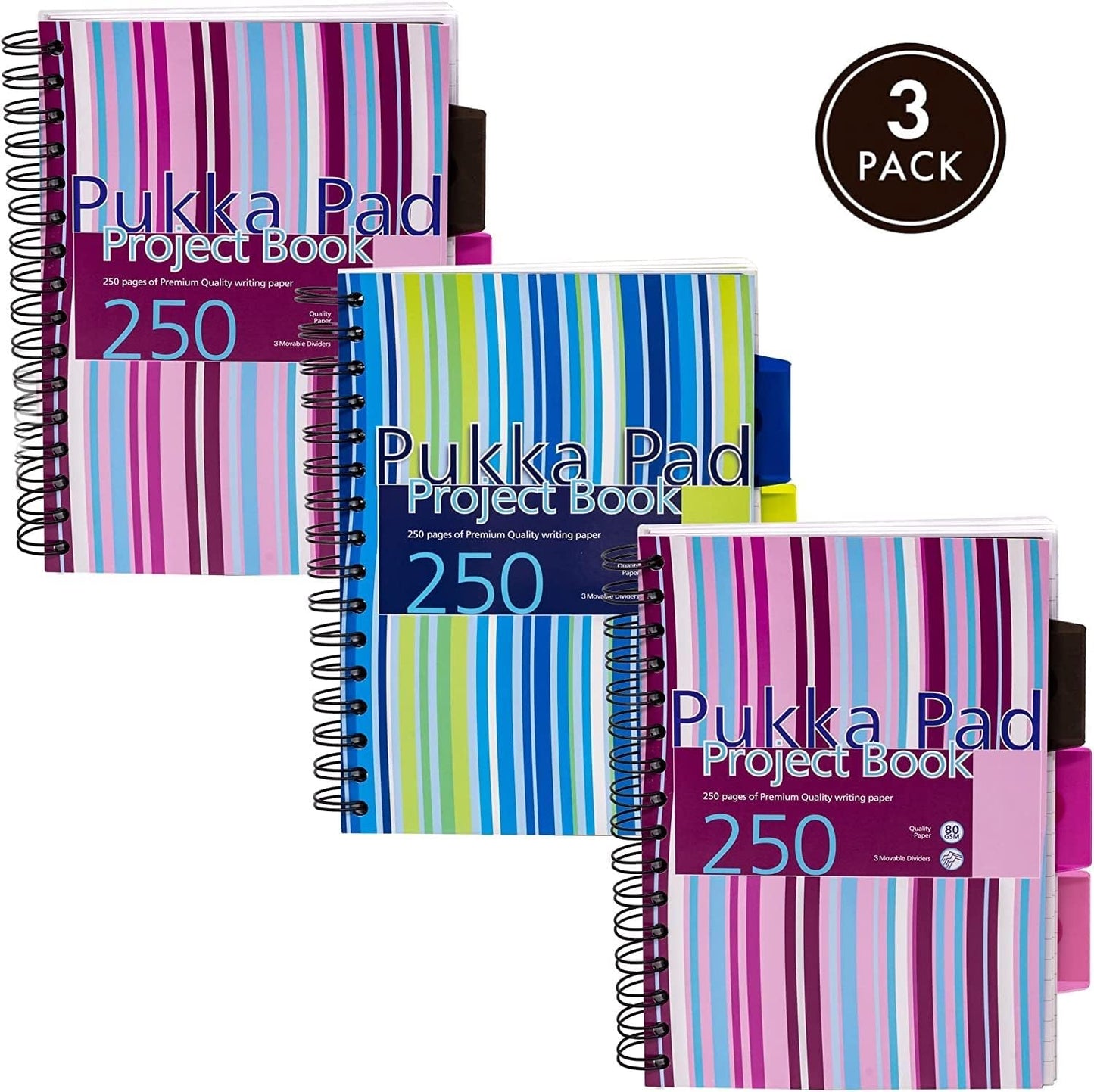 A5 Striped Project Notebook 3-Pack - 21 x 14.9cm - Wirebound Notebook with 8mm Feint Ruled Lines on 80GSM Paper – Includes 3 Repositionable Dividers with Storage Pockets - 250 Pages