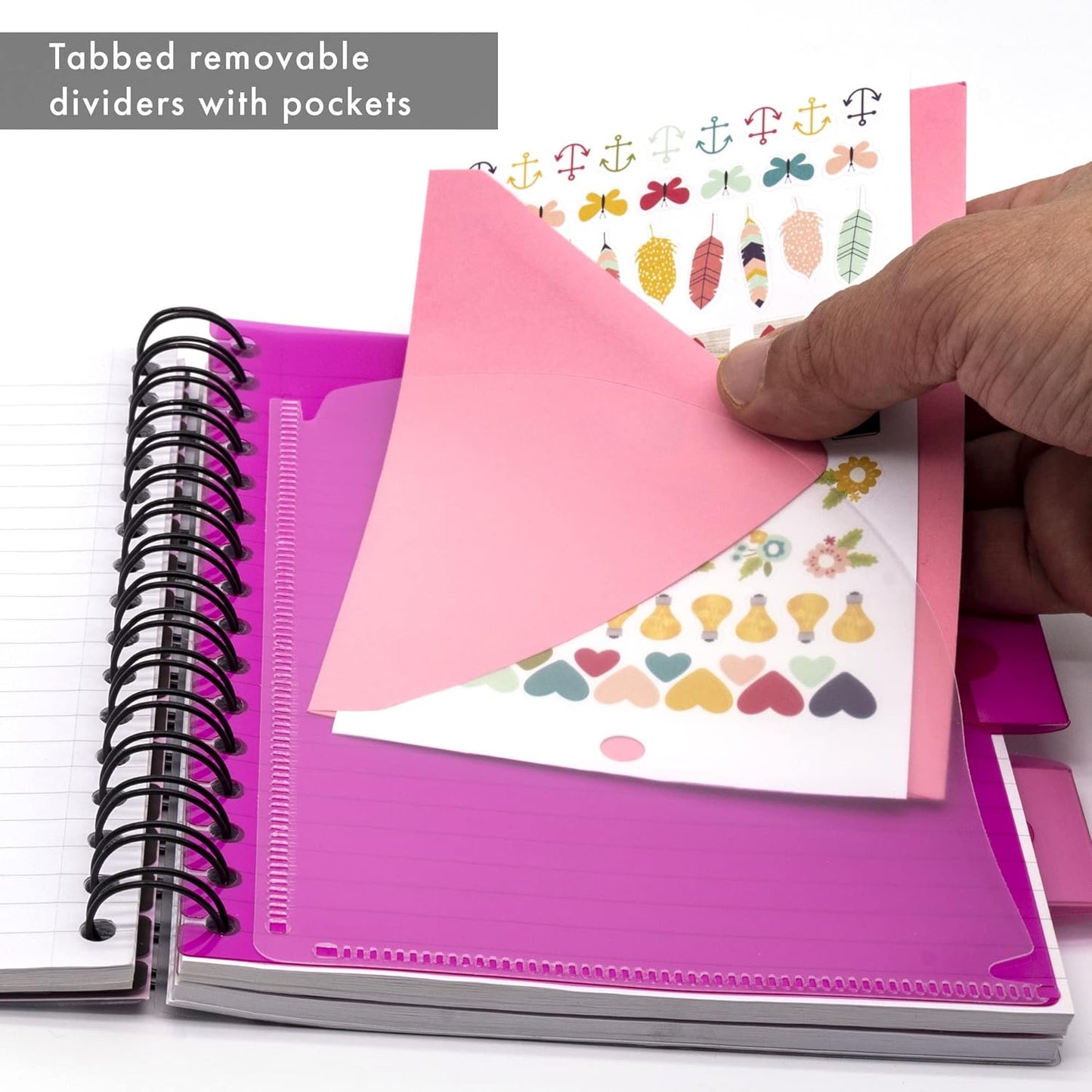 A5 Striped Project Notebook 3-Pack - 21 x 14.9cm - Wirebound Notebook with 8mm Feint Ruled Lines on 80GSM Paper – Includes 3 Repositionable Dividers with Storage Pockets - 250 Pages