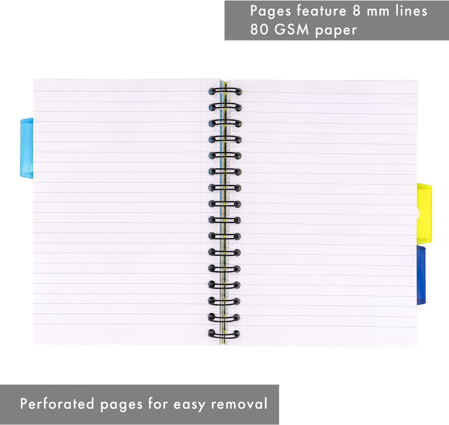 A5 Striped Project Notebook 3-Pack - 21 x 14.9cm - Wirebound Notebook with 8mm Feint Ruled Lines on 80GSM Paper – Includes 3 Repositionable Dividers with Storage Pockets - 250 Pages
