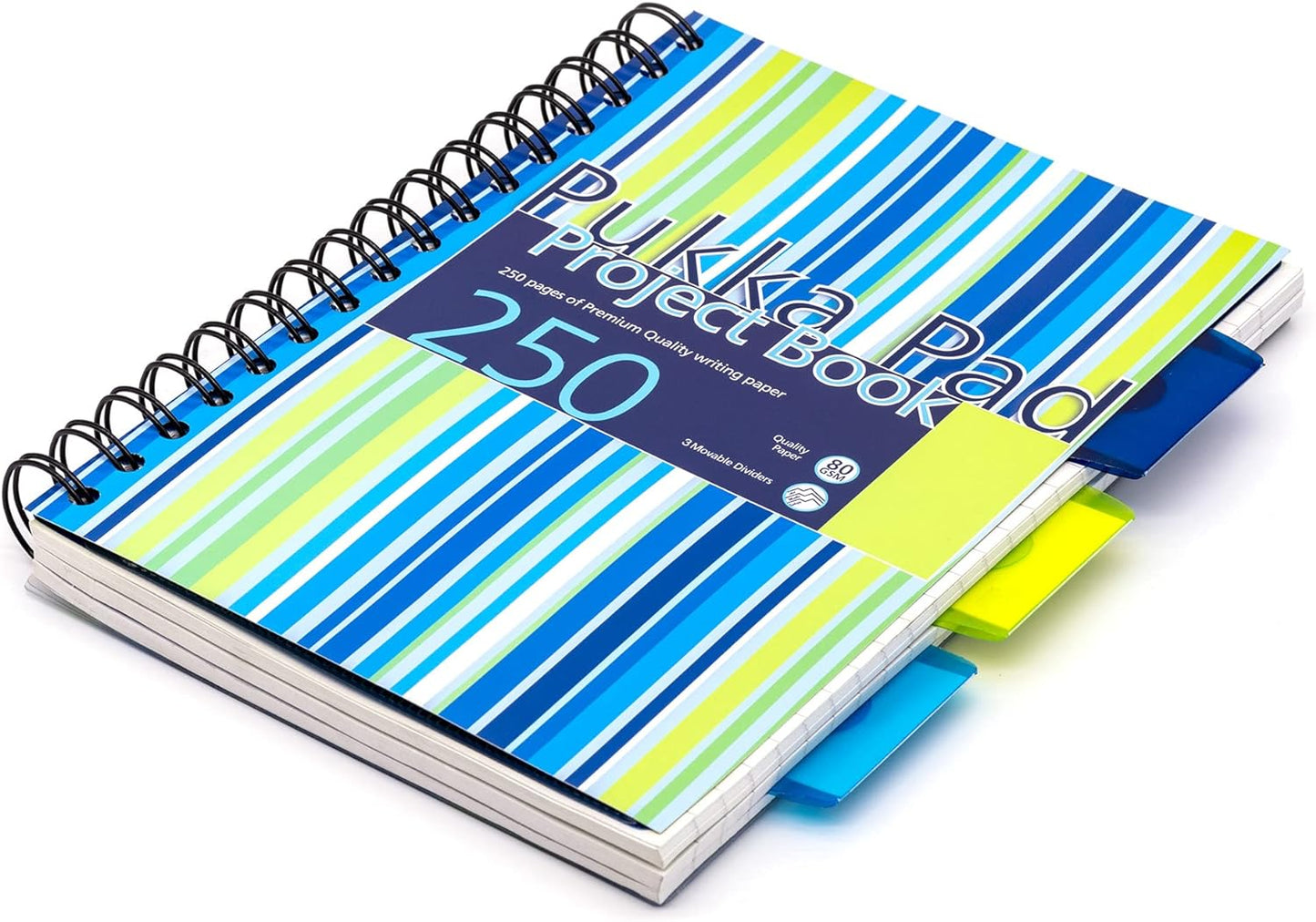 A5 Striped Project Notebook 3-Pack - 21 x 14.9cm - Wirebound Notebook with 8mm Feint Ruled Lines on 80GSM Paper – Includes 3 Repositionable Dividers with Storage Pockets - 250 Pages