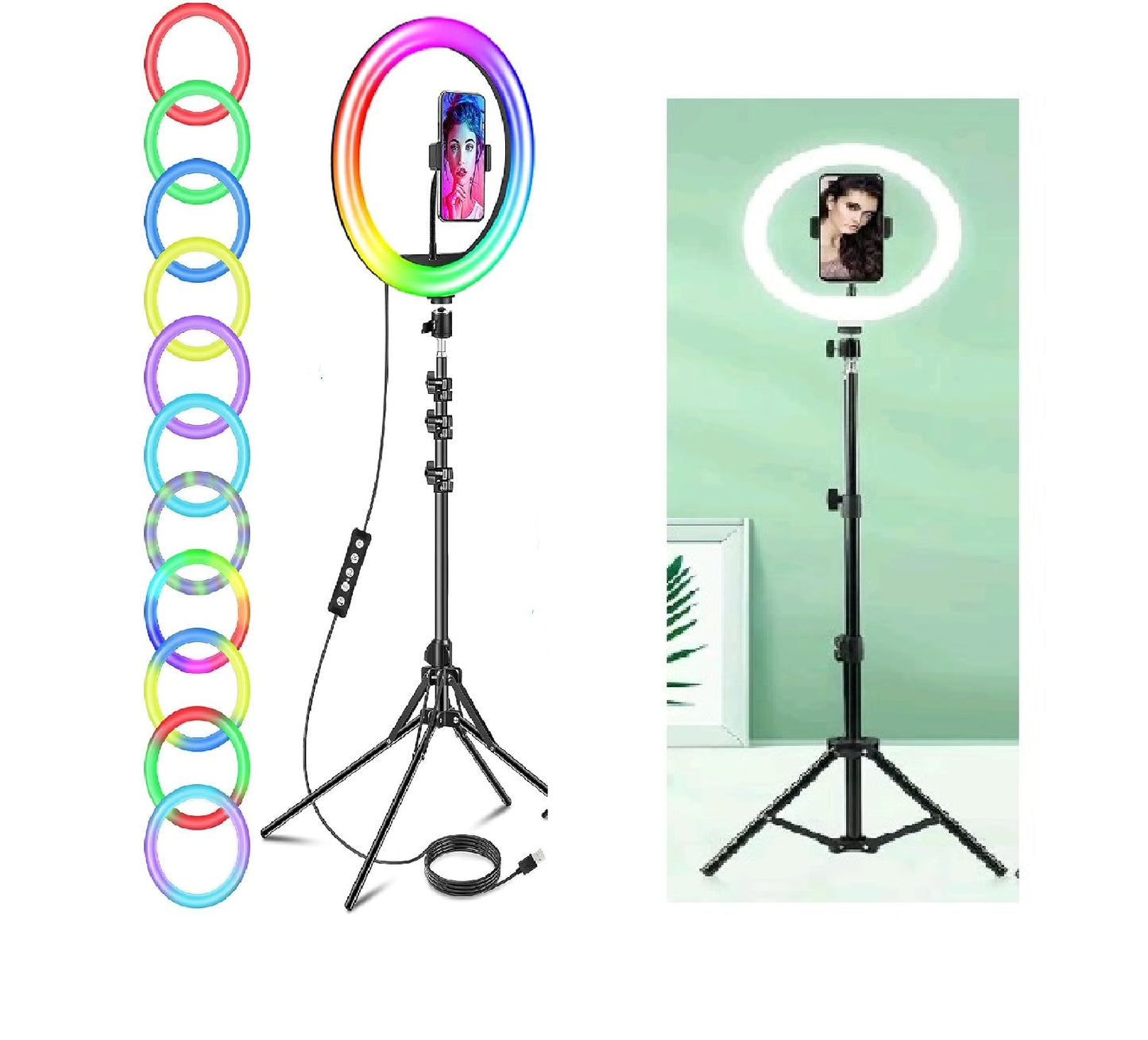 12'' Soft Ring Light + RGB - DUAL MODE- with Tripod Stand Tall 177cm/70'', LED Selfie Circle Ringlight for Makeup YouTube, Floor/Desk USB Halo Lamp