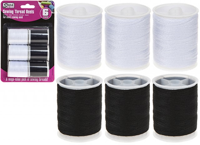 PACK OF 6 BLACK & WHITE SEWING THREAD