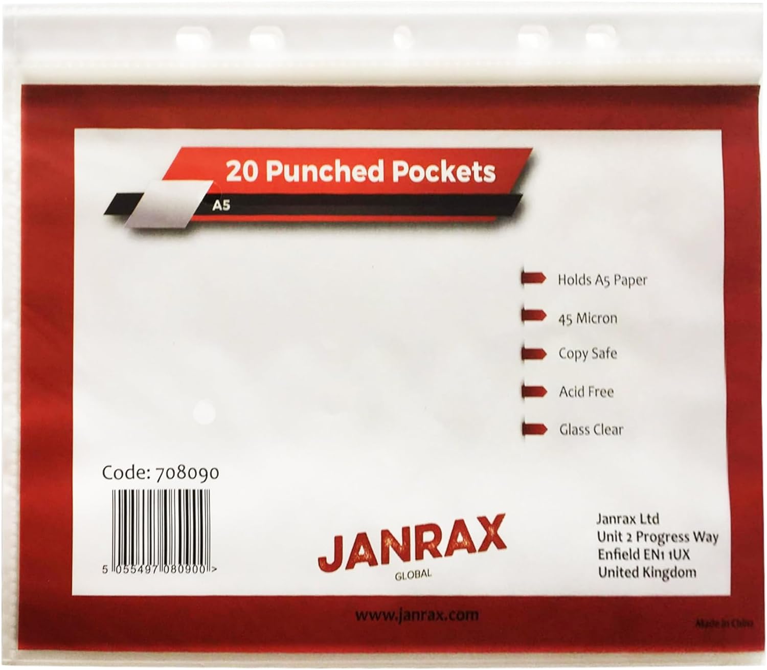 Pack of 20/100 A5 Glass Clear Punched Pockets