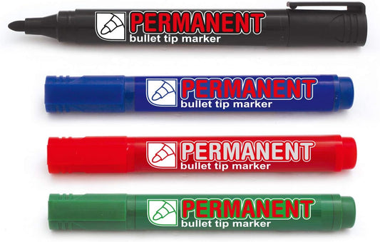 Permanent Markers Bullet Tip Markers - Wallet Of 4 - Permanent Ink - Black, Red, Blue & Green - 2mm Line