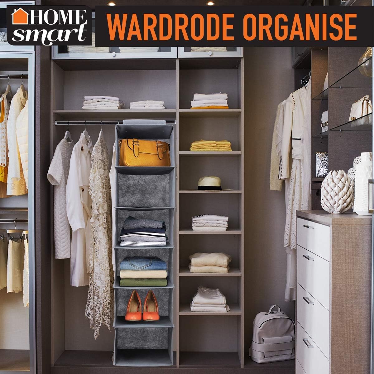 HOME smart Wardrobe Organiser - 6-Shelf Hanging and Accessories Storage Box,