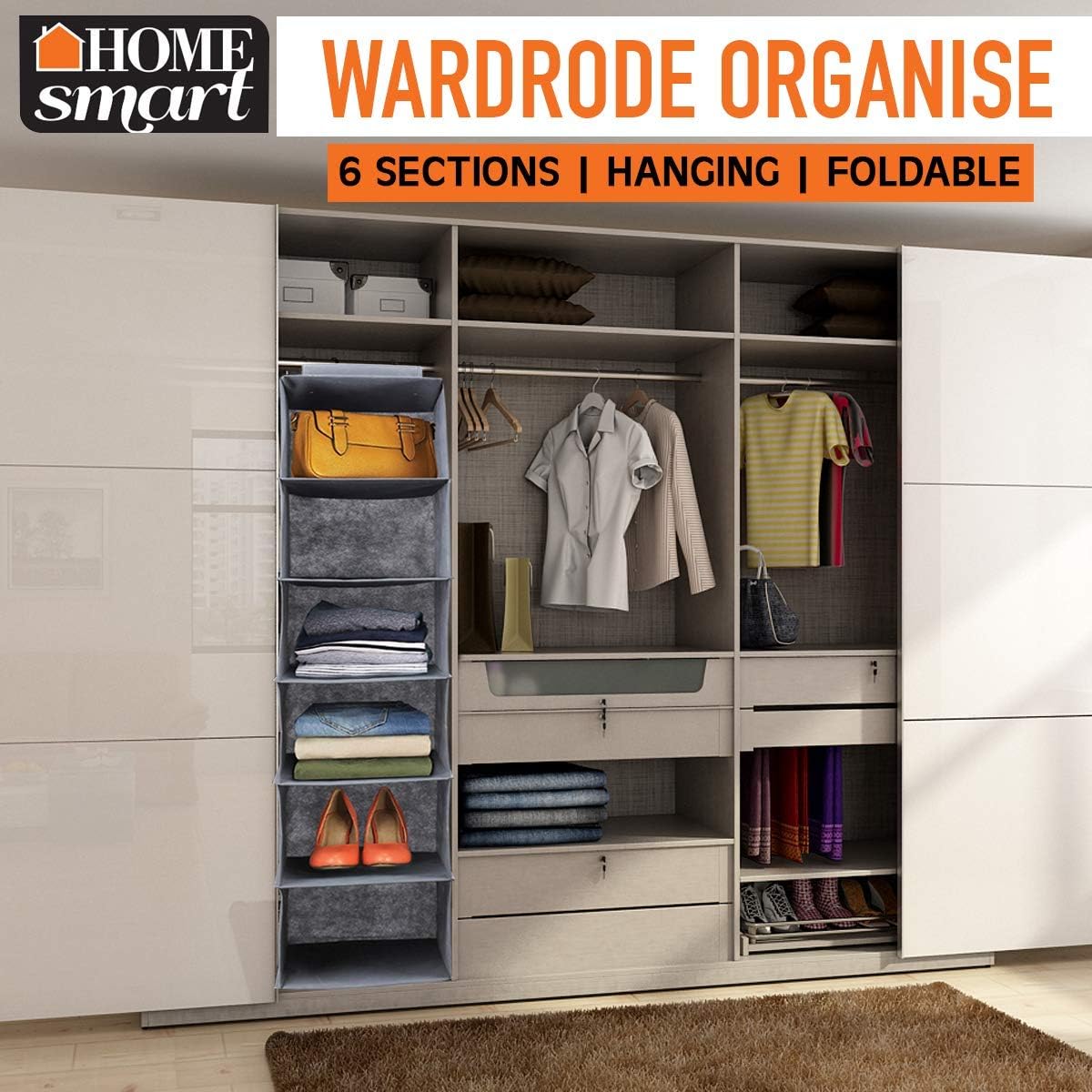 HOME smart Wardrobe Organiser - 6-Shelf Hanging and Accessories Storage Box,