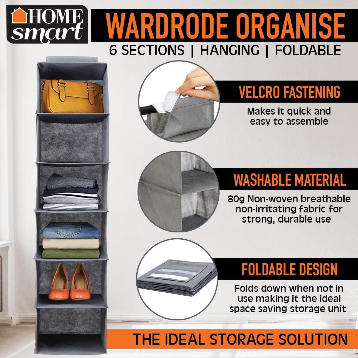 HOME smart Wardrobe Organiser - 6-Shelf Hanging and Accessories Storage Box,