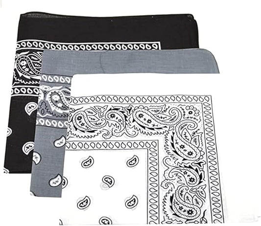 Pack Of 3 Men's/Women's Printed Pattern Black,Grey & White Bandana Head/Neck Scarf 100% Cotton