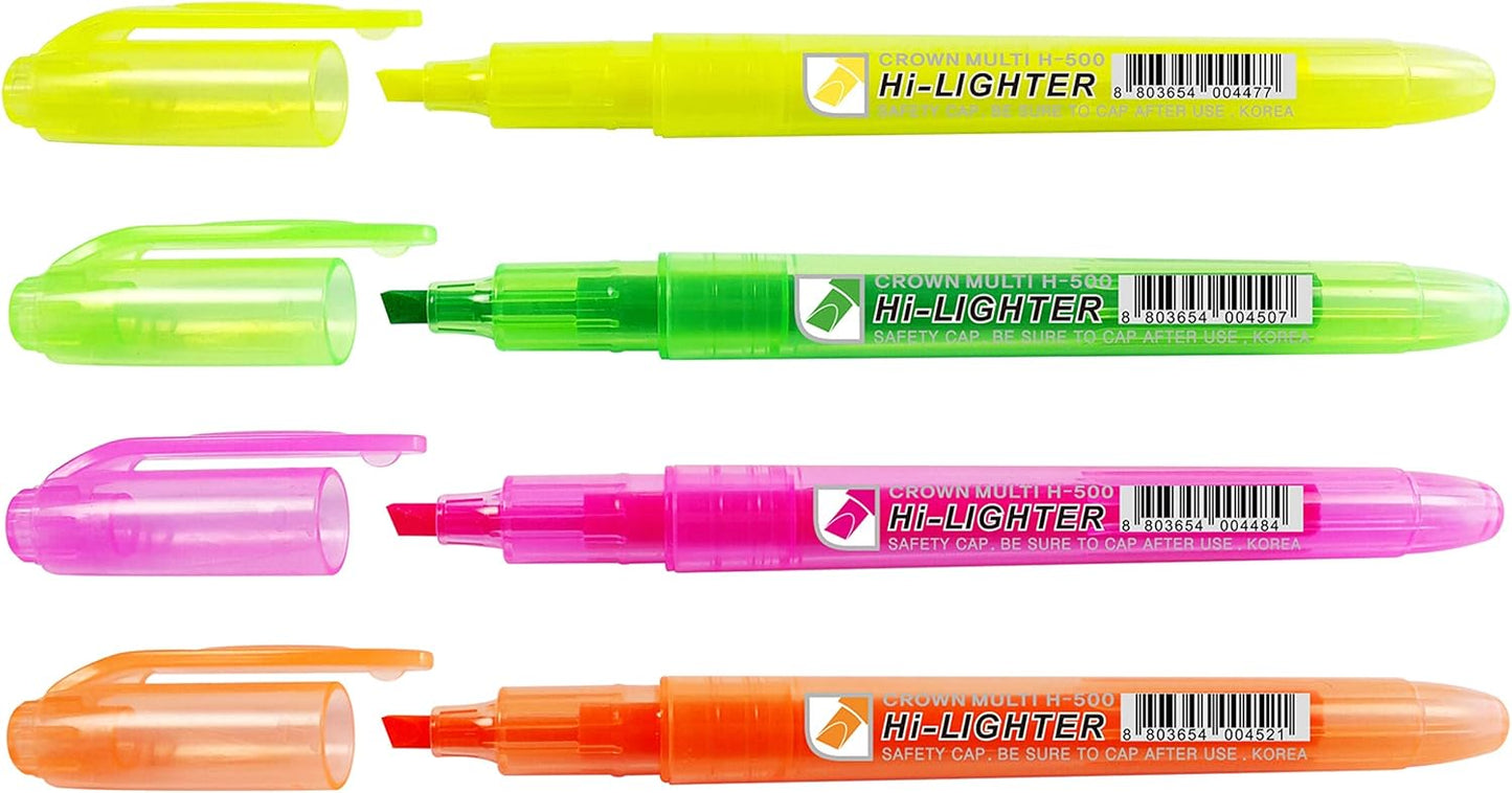 CROWN H-500 Highlighter Pens Chisel Tip Slim Highlighters - Wallet Of 4