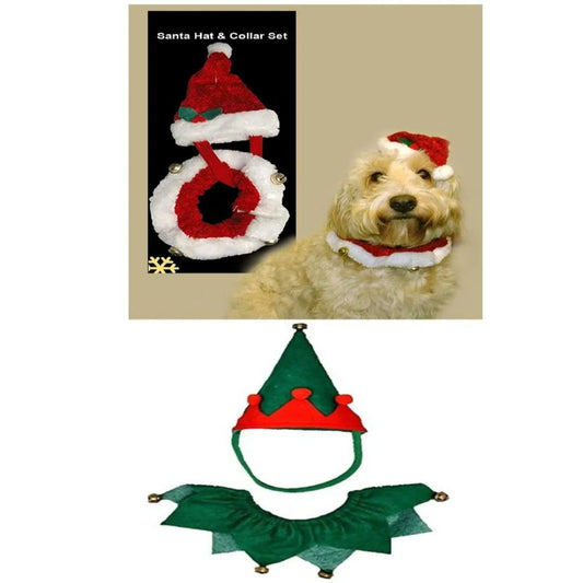 2PC DOGGY HAT+COLLAR SANTA ELF CHRISTMAS DRESS UP