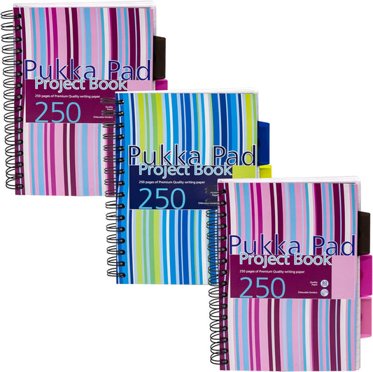 A5 Striped Project Notebook 3-Pack - 21 x 14.9cm - Wirebound Notebook with 8mm Feint Ruled Lines on 80GSM Paper – Includes 3 Repositionable Dividers with Storage Pockets - 250 Pages