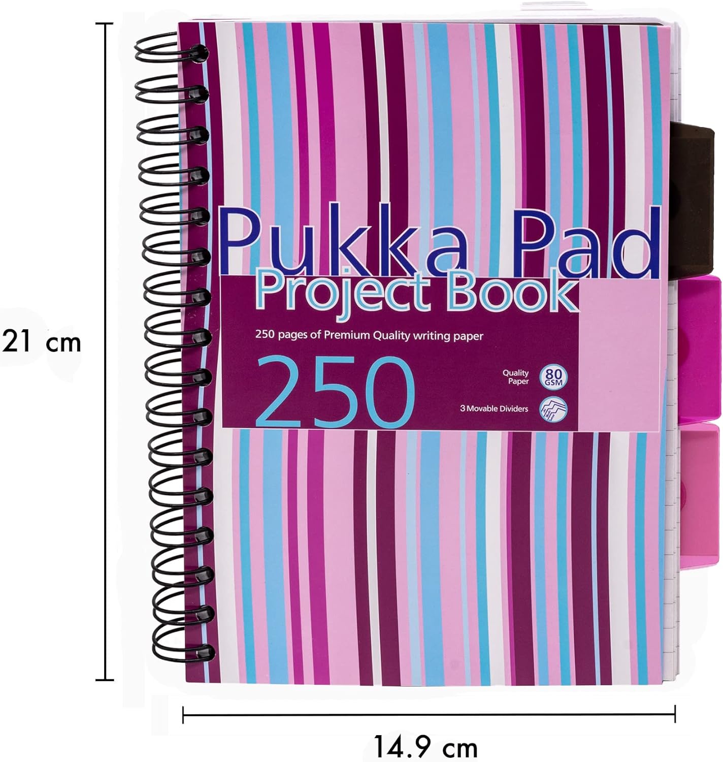A5 Striped Project Notebook 3-Pack - 21 x 14.9cm - Wirebound Notebook with 8mm Feint Ruled Lines on 80GSM Paper – Includes 3 Repositionable Dividers with Storage Pockets - 250 Pages