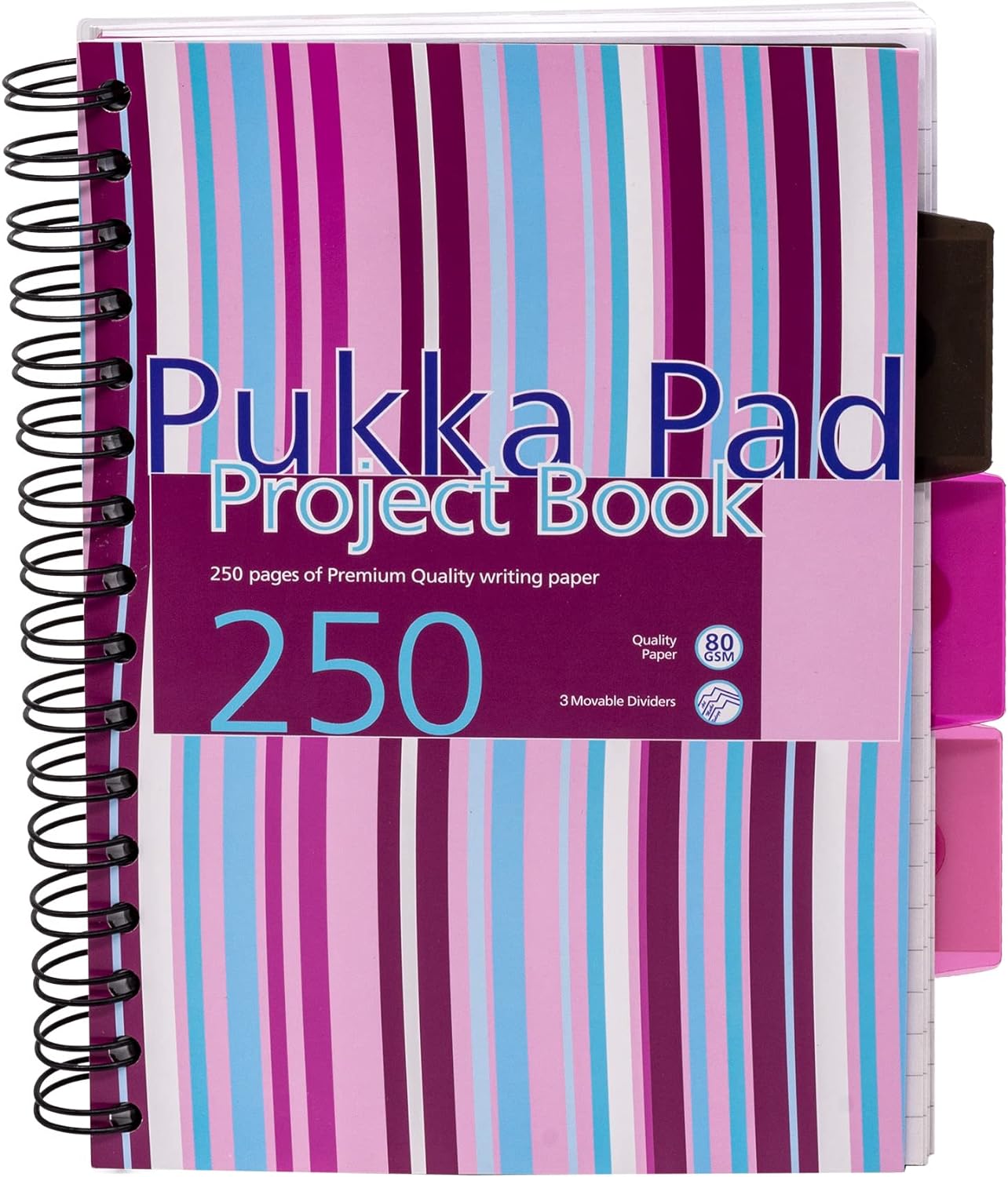 A5 Striped Project Notebook 3-Pack - 21 x 14.9cm - Wirebound Notebook with 8mm Feint Ruled Lines on 80GSM Paper – Includes 3 Repositionable Dividers with Storage Pockets - 250 Pages