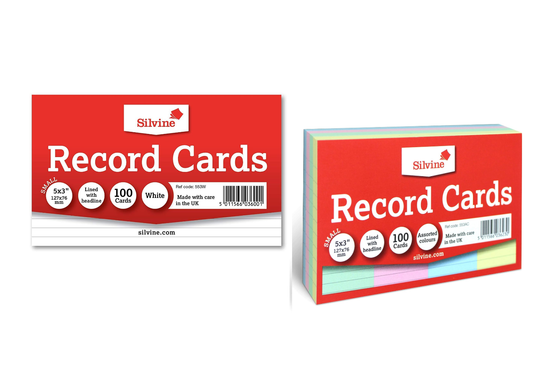 Silvine White/Coloured Record Cards 5" x 3" Ruled Flash Cards Revision Cards