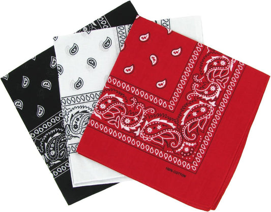 Pack Of 3  Red, Black & White Bandana Head/Neck Scarf 100% Cotton