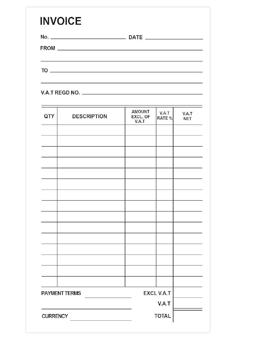 Carbonless Duplicate Multiple VAT Invoice Book - Numbered 1-100 with index sheet (210 x 127mm) [Pack of 6]