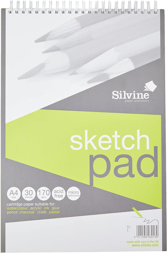 A4+ Wirebound Sketch Pad. 60 Pages (30 Sheets) 170gsm Smooth Cartridge Paper. Ref 472